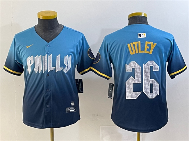 Youth Philadelphia Phillies #26 Chase Utley Blue 2024 City Connect Limited Stitched Baseball Jersey Youth Philadelphia Phillies #26 Chase Utley Blue 2024 City Connect Limited Stitched Baseball Jersey